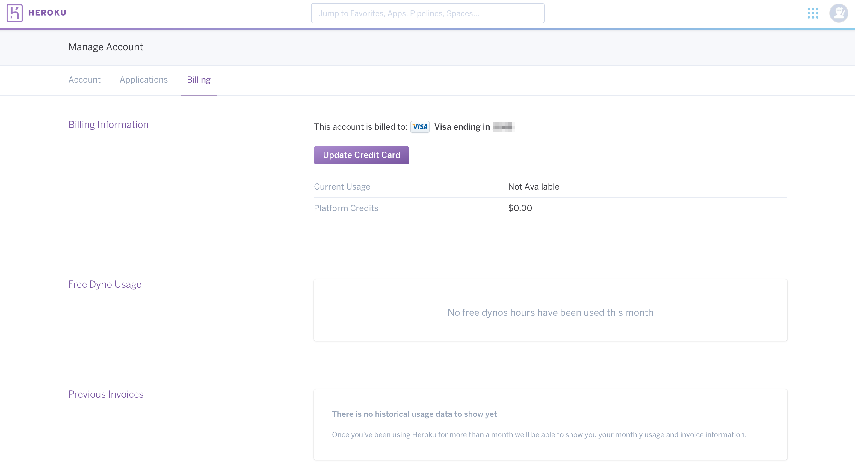 Herokuのクレジットカード登録完了